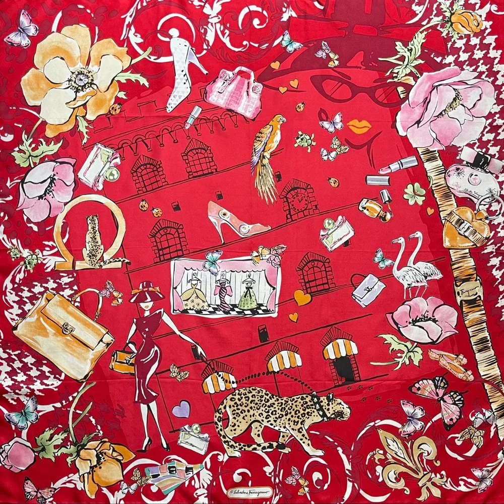 New Salvatore Ferragamo Icone Red Multicolor Silk Scarf